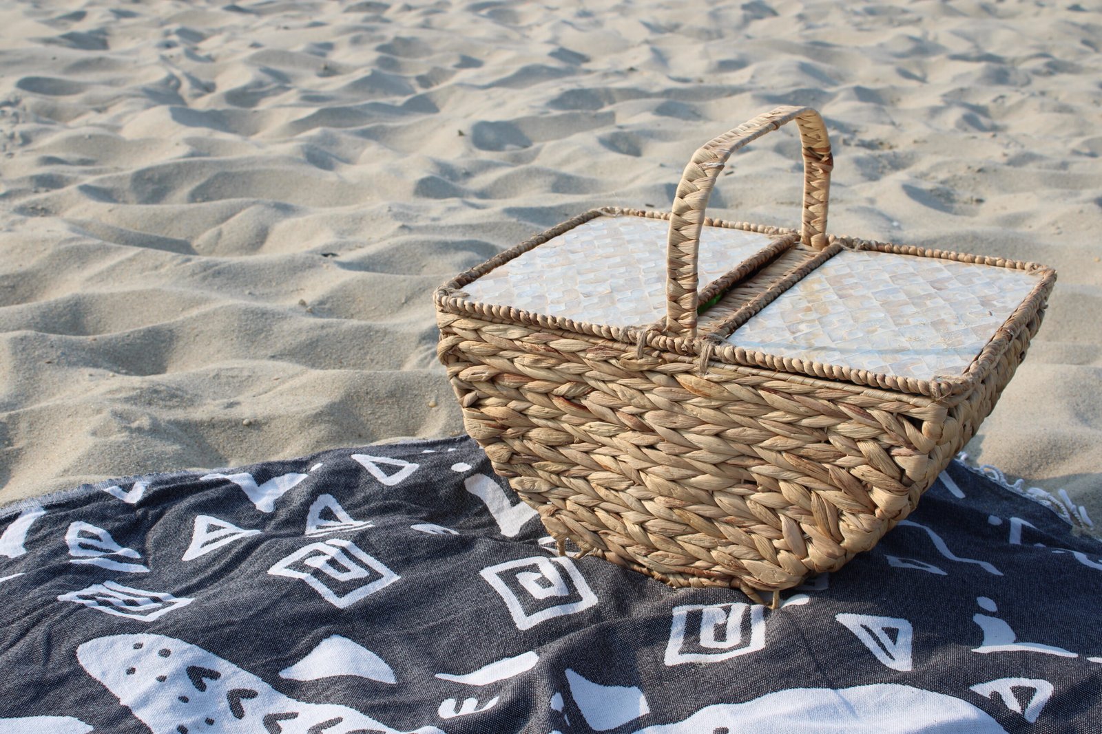 picnic basket and blanket on the beach at Sandy Hook