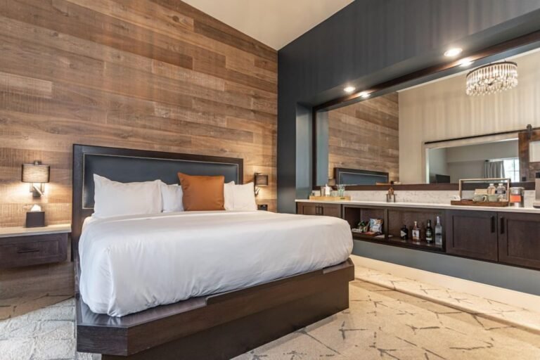 Modern bedroom with wooden accents